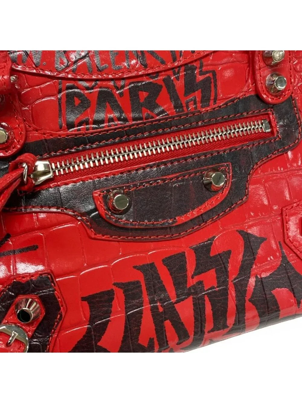 Balenciaga Handbag Classic Mini City Red Black Embossed Graffiti Leather